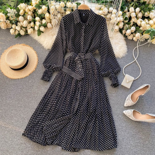 jinran Spring And Summer French Vintage Maxi Dress 2021 Sundress Ladies Long Sleeve Orange Polka Dot Chiffon Pleated Dresses Femme Robe