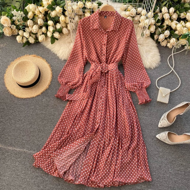 jinran Spring And Summer French Vintage Maxi Dress 2021 Sundress Ladies Long Sleeve Orange Polka Dot Chiffon Pleated Dresses Femme Robe