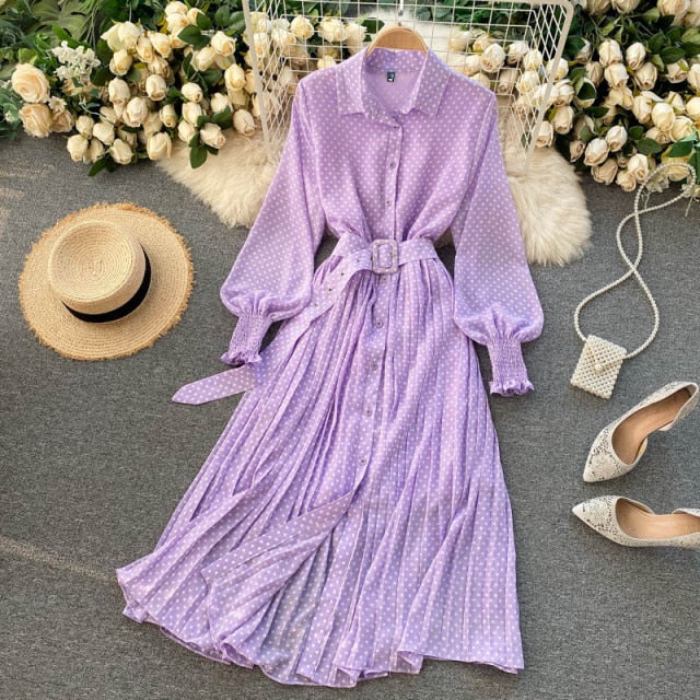 jinran Spring And Summer French Vintage Maxi Dress 2021 Sundress Ladies Long Sleeve Orange Polka Dot Chiffon Pleated Dresses Femme Robe