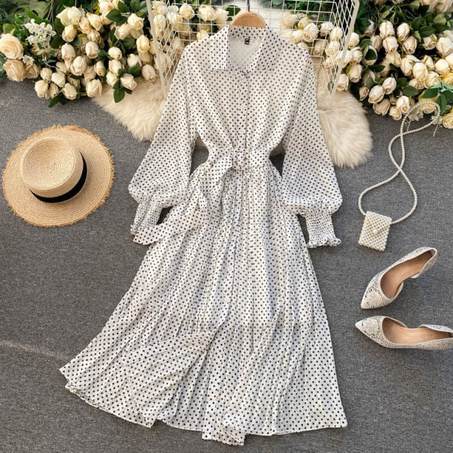 jinran Spring And Summer French Vintage Maxi Dress 2021 Sundress Ladies Long Sleeve Orange Polka Dot Chiffon Pleated Dresses Femme Robe