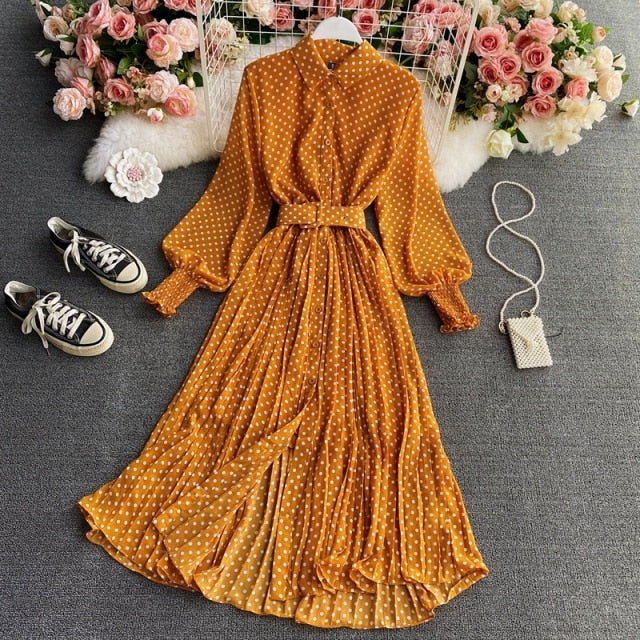 jinran Spring And Summer French Vintage Maxi Dress 2021 Sundress Ladies Long Sleeve Orange Polka Dot Chiffon Pleated Dresses Femme Robe