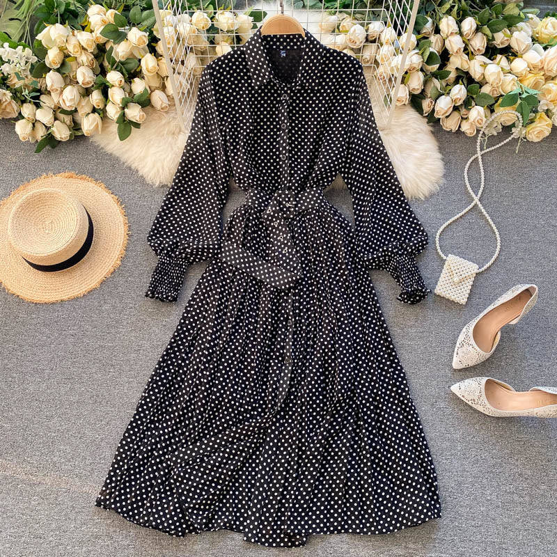 jinran Spring And Summer French Vintage Maxi Dress 2021 Sundress Ladies Long Sleeve Orange Polka Dot Chiffon Pleated Dresses Femme Robe
