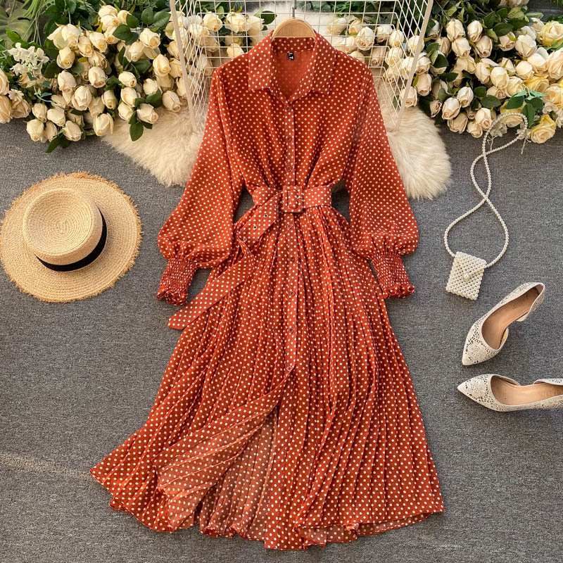 jinran Spring And Summer French Vintage Maxi Dress 2021 Sundress Ladies Long Sleeve Orange Polka Dot Chiffon Pleated Dresses Femme Robe