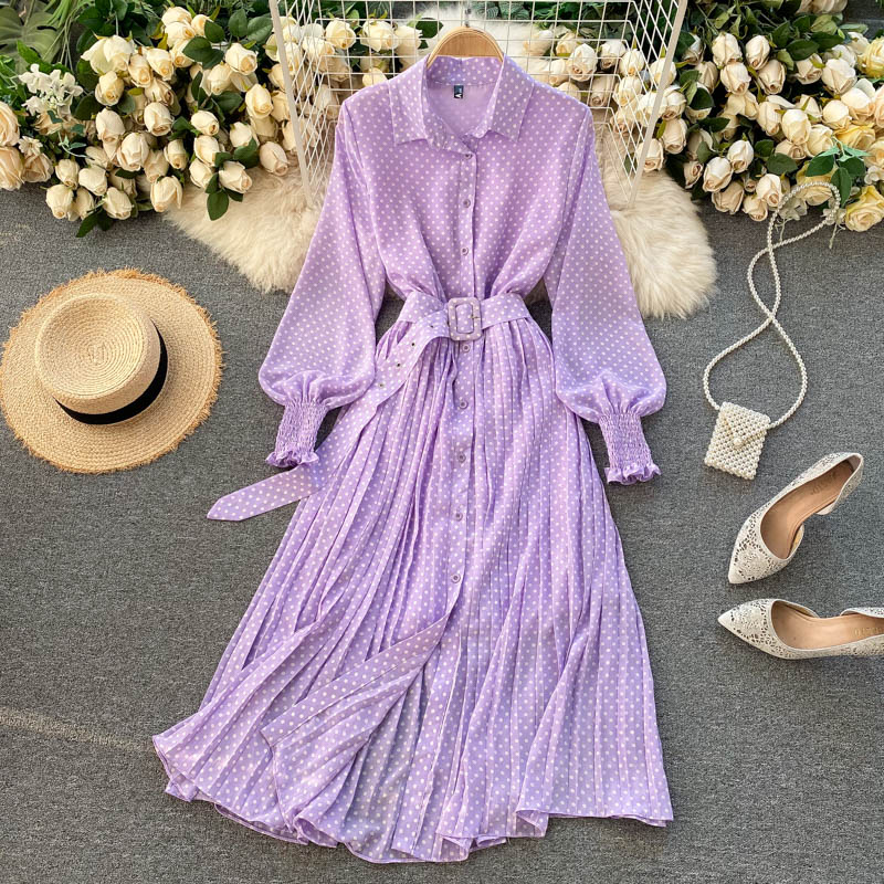 jinran Spring And Summer French Vintage Maxi Dress 2021 Sundress Ladies Long Sleeve Orange Polka Dot Chiffon Pleated Dresses Femme Robe