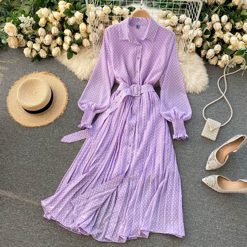 jinran Spring And Summer French Vintage Maxi Dress 2021 Sundress Ladies Long Sleeve Orange Polka Dot Chiffon Pleated Dresses Femme Robe
