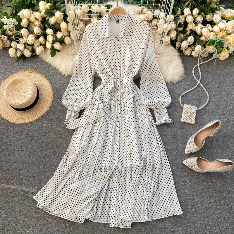 jinran Spring And Summer French Vintage Maxi Dress 2021 Sundress Ladies Long Sleeve Orange Polka Dot Chiffon Pleated Dresses Femme Robe