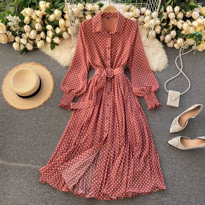 jinran Spring And Summer French Vintage Maxi Dress 2021 Sundress Ladies Long Sleeve Orange Polka Dot Chiffon Pleated Dresses Femme Robe