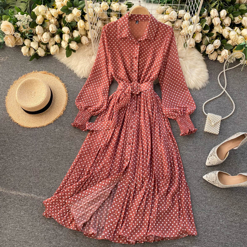 jinran Spring And Summer French Vintage Maxi Dress 2021 Sundress Ladies Long Sleeve Orange Polka Dot Chiffon Pleated Dresses Femme Robe