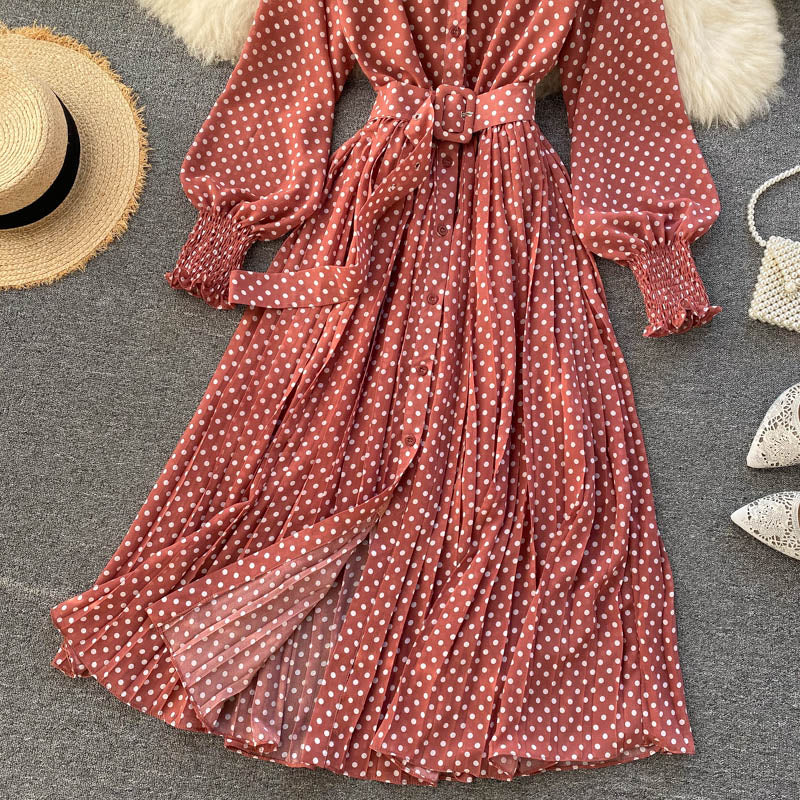 jinran Spring And Summer French Vintage Maxi Dress 2021 Sundress Ladies Long Sleeve Orange Polka Dot Chiffon Pleated Dresses Femme Robe
