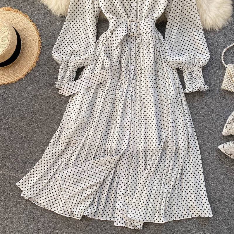 jinran Spring And Summer French Vintage Maxi Dress 2021 Sundress Ladies Long Sleeve Orange Polka Dot Chiffon Pleated Dresses Femme Robe