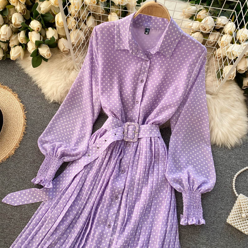 jinran Spring And Summer French Vintage Maxi Dress 2021 Sundress Ladies Long Sleeve Orange Polka Dot Chiffon Pleated Dresses Femme Robe