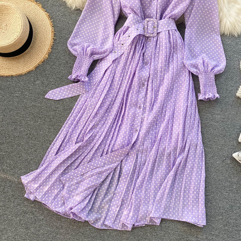 jinran Spring And Summer French Vintage Maxi Dress 2021 Sundress Ladies Long Sleeve Orange Polka Dot Chiffon Pleated Dresses Femme Robe