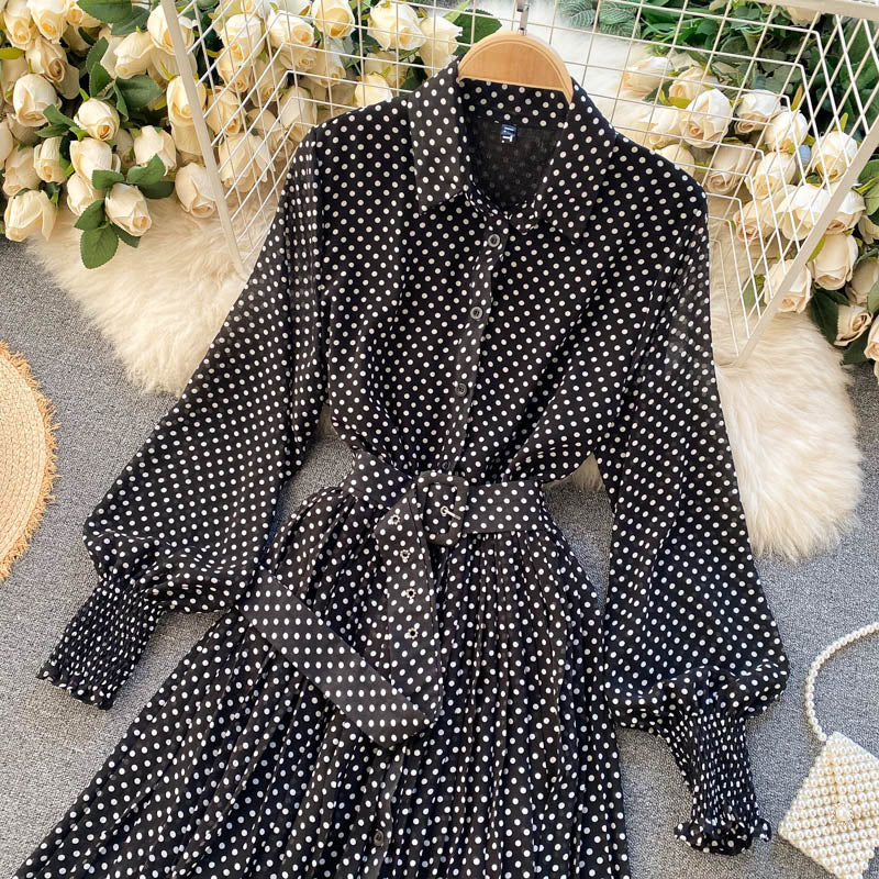 jinran Spring And Summer French Vintage Maxi Dress 2021 Sundress Ladies Long Sleeve Orange Polka Dot Chiffon Pleated Dresses Femme Robe