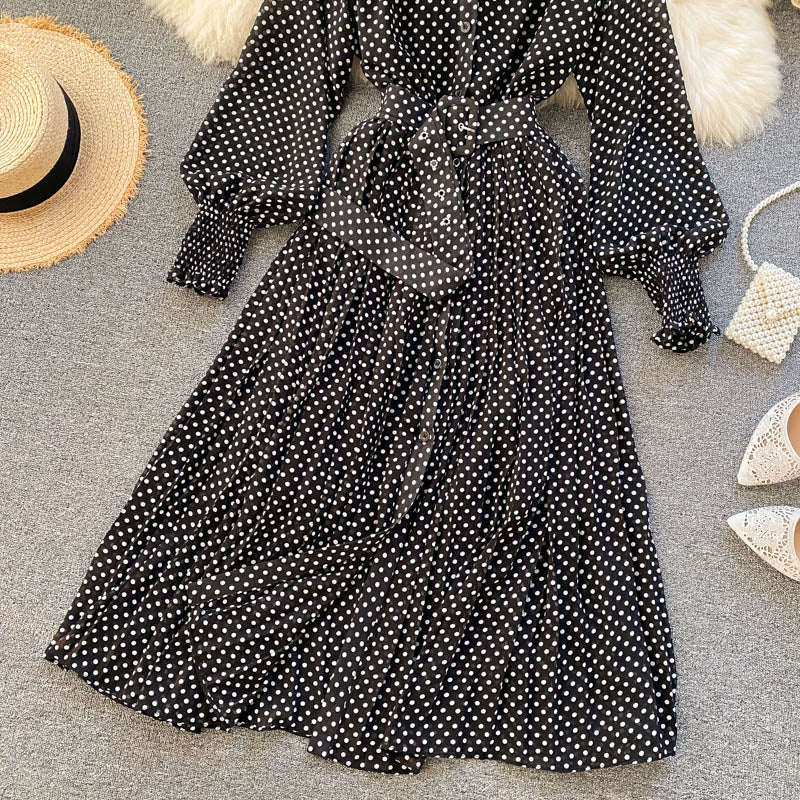 jinran Spring And Summer French Vintage Maxi Dress 2021 Sundress Ladies Long Sleeve Orange Polka Dot Chiffon Pleated Dresses Femme Robe