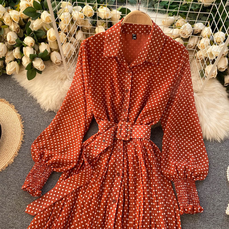 jinran Spring And Summer French Vintage Maxi Dress 2021 Sundress Ladies Long Sleeve Orange Polka Dot Chiffon Pleated Dresses Femme Robe