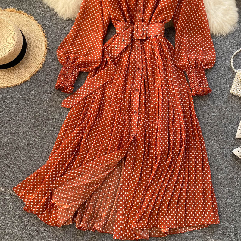 jinran Spring And Summer French Vintage Maxi Dress 2021 Sundress Ladies Long Sleeve Orange Polka Dot Chiffon Pleated Dresses Femme Robe