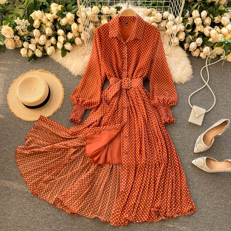 jinran Spring And Summer French Vintage Maxi Dress 2021 Sundress Ladies Long Sleeve Orange Polka Dot Chiffon Pleated Dresses Femme Robe