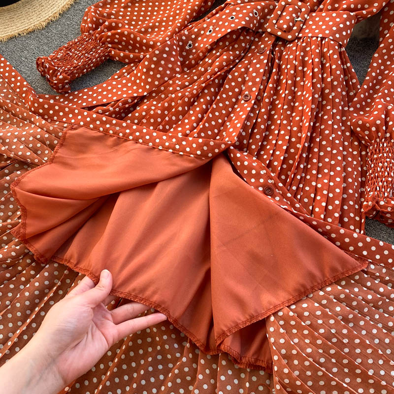 jinran Spring And Summer French Vintage Maxi Dress 2021 Sundress Ladies Long Sleeve Orange Polka Dot Chiffon Pleated Dresses Femme Robe