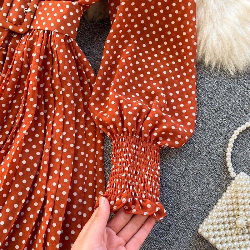jinran Spring And Summer French Vintage Maxi Dress 2021 Sundress Ladies Long Sleeve Orange Polka Dot Chiffon Pleated Dresses Femme Robe