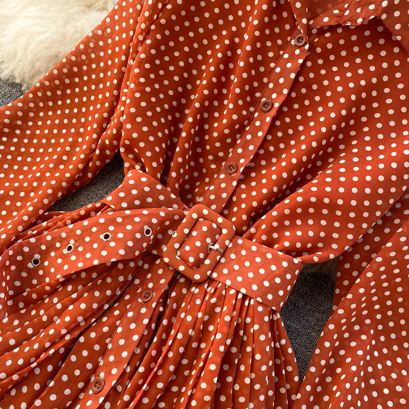 jinran Spring And Summer French Vintage Maxi Dress 2021 Sundress Ladies Long Sleeve Orange Polka Dot Chiffon Pleated Dresses Femme Robe
