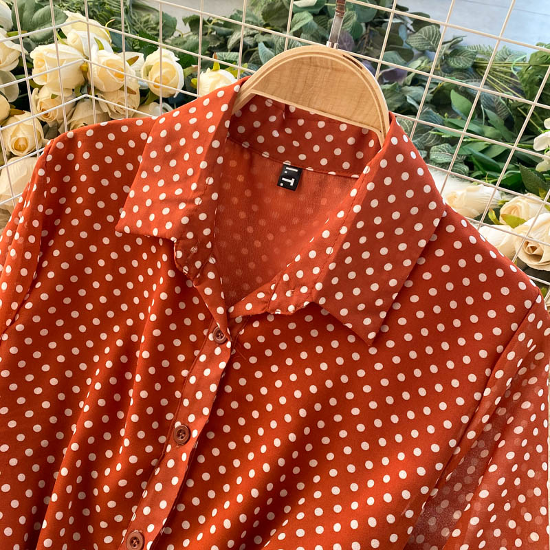 jinran Spring And Summer French Vintage Maxi Dress 2021 Sundress Ladies Long Sleeve Orange Polka Dot Chiffon Pleated Dresses Femme Robe