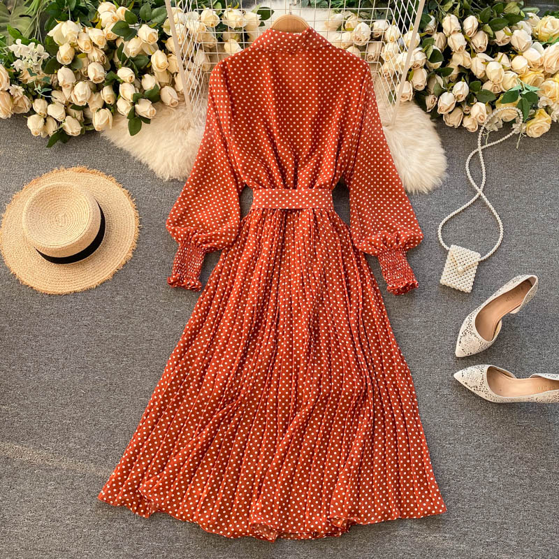 jinran Spring And Summer French Vintage Maxi Dress 2021 Sundress Ladies Long Sleeve Orange Polka Dot Chiffon Pleated Dresses Femme Robe