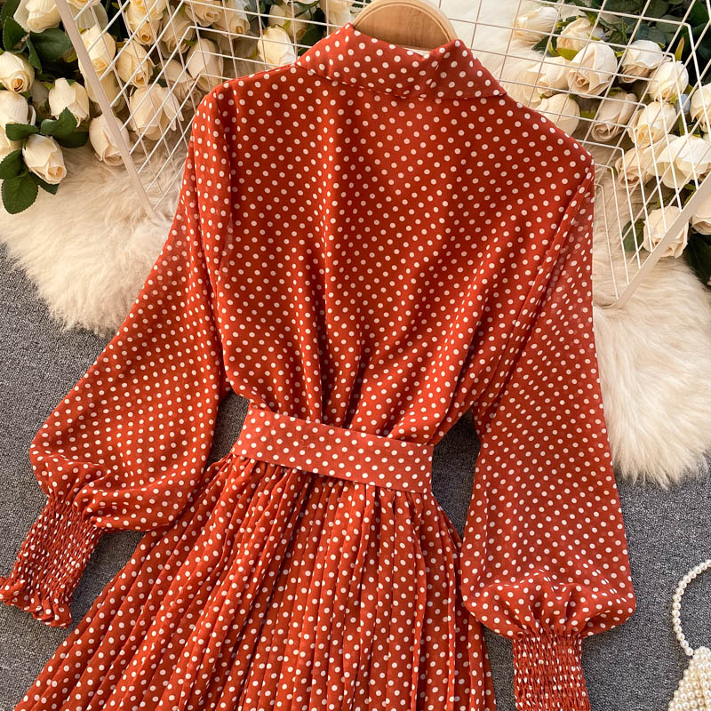 jinran Spring And Summer French Vintage Maxi Dress 2021 Sundress Ladies Long Sleeve Orange Polka Dot Chiffon Pleated Dresses Femme Robe