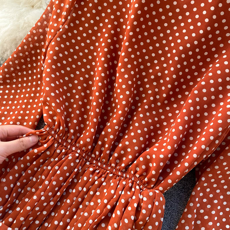 jinran Spring And Summer French Vintage Maxi Dress 2021 Sundress Ladies Long Sleeve Orange Polka Dot Chiffon Pleated Dresses Femme Robe