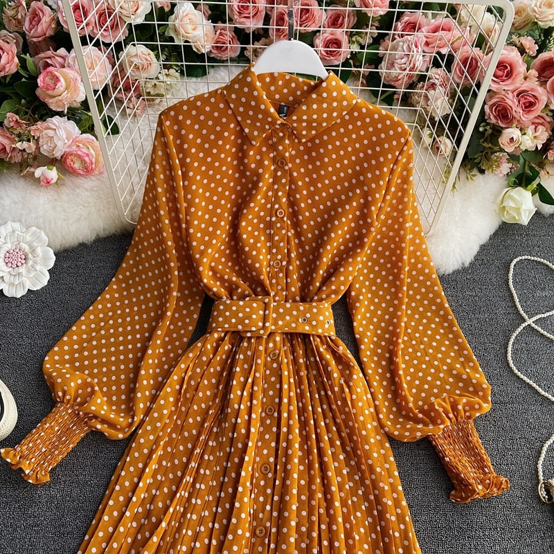 jinran Spring And Summer French Vintage Maxi Dress 2021 Sundress Ladies Long Sleeve Orange Polka Dot Chiffon Pleated Dresses Femme Robe