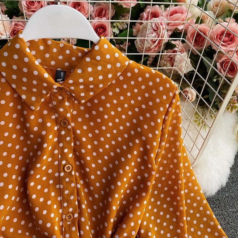 jinran Spring And Summer French Vintage Maxi Dress 2021 Sundress Ladies Long Sleeve Orange Polka Dot Chiffon Pleated Dresses Femme Robe