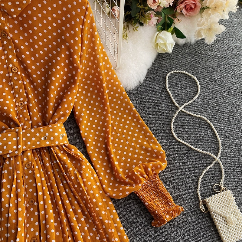 jinran Spring And Summer French Vintage Maxi Dress 2021 Sundress Ladies Long Sleeve Orange Polka Dot Chiffon Pleated Dresses Femme Robe