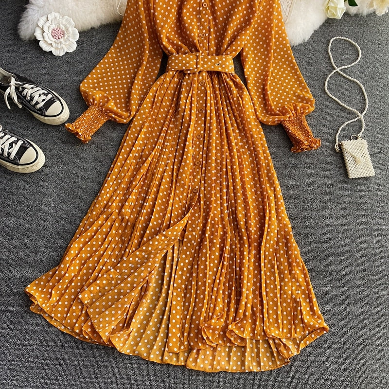 jinran Spring And Summer French Vintage Maxi Dress 2021 Sundress Ladies Long Sleeve Orange Polka Dot Chiffon Pleated Dresses Femme Robe