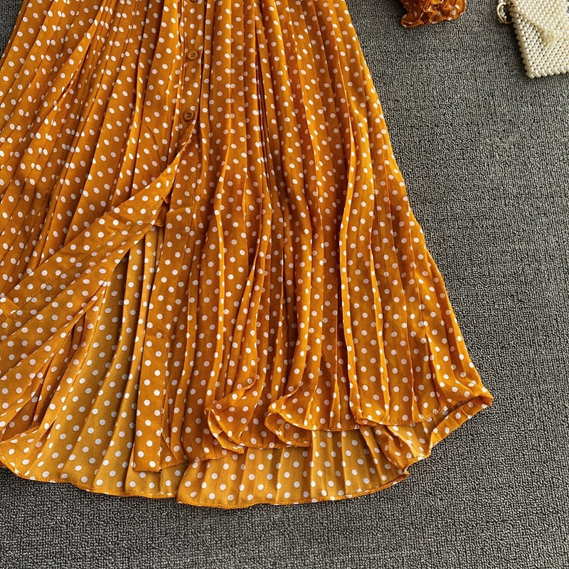 jinran Spring And Summer French Vintage Maxi Dress 2021 Sundress Ladies Long Sleeve Orange Polka Dot Chiffon Pleated Dresses Femme Robe