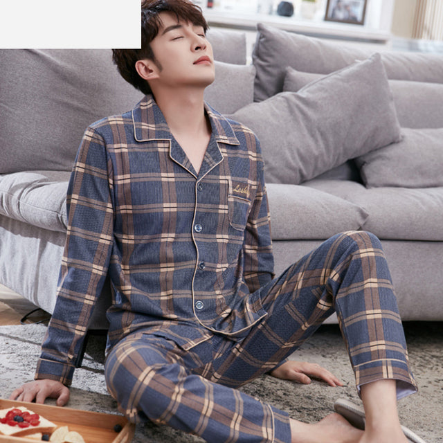 jinran Summer Casual Striped Cotton Pajama Sets for Men Short Sleeve Long Pants Sleepwear Pyjama Male Homewear Lounge Wear Clothes