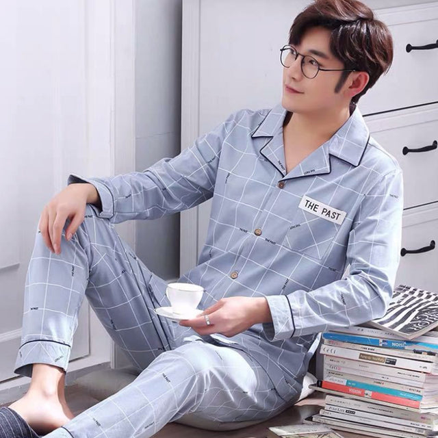 jinran Summer Casual Striped Cotton Pajama Sets for Men Short Sleeve Long Pants Sleepwear Pyjama Male Homewear Lounge Wear Clothes
