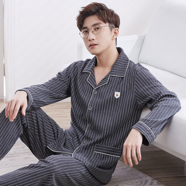 jinran Summer Casual Striped Cotton Pajama Sets for Men Short Sleeve Long Pants Sleepwear Pyjama Male Homewear Lounge Wear Clothes