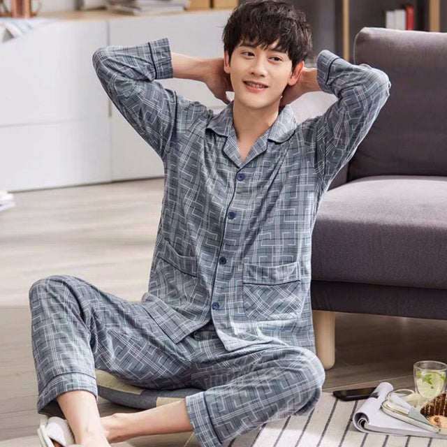 jinran Summer Casual Striped Cotton Pajama Sets for Men Short Sleeve Long Pants Sleepwear Pyjama Male Homewear Lounge Wear Clothes