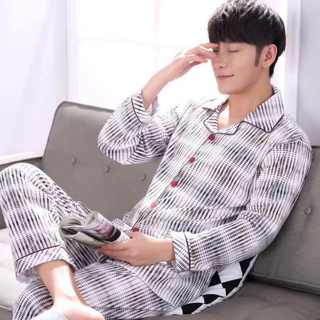 jinran Summer Casual Striped Cotton Pajama Sets for Men Short Sleeve Long Pants Sleepwear Pyjama Male Homewear Lounge Wear Clothes