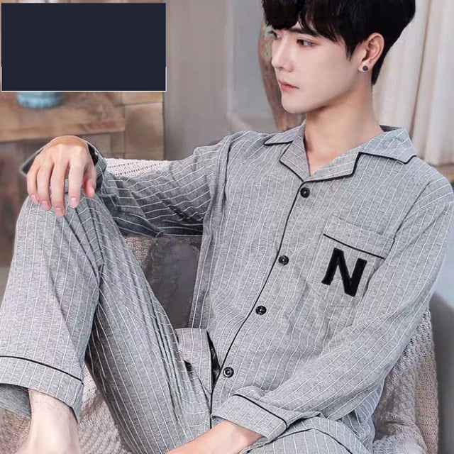 jinran Summer Casual Striped Cotton Pajama Sets for Men Short Sleeve Long Pants Sleepwear Pyjama Male Homewear Lounge Wear Clothes