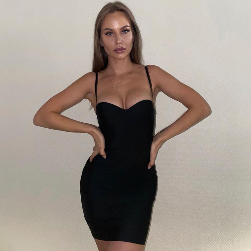 jinran Solid Women Strap Mini Dress Bodycon Sexy Streetwear Party Club Elegant 2021 Summer Clothes Basic Slim Fashion Casual