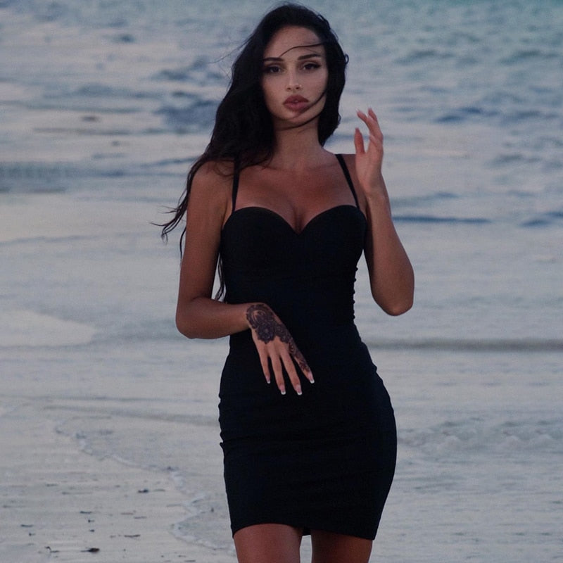 jinran Solid Women Strap Mini Dress Bodycon Sexy Streetwear Party Club Elegant 2021 Summer Clothes Basic Slim Fashion Casual