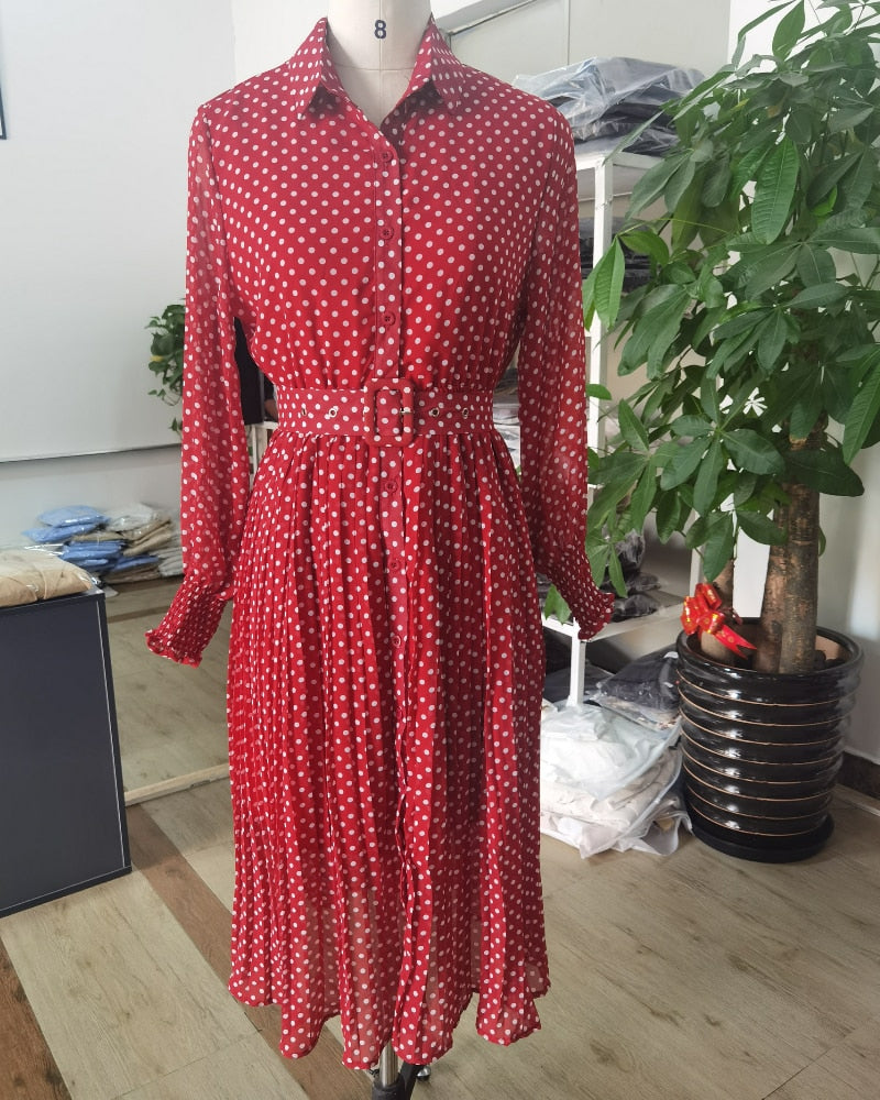 jinran Spring And Summer French Vintage Maxi Dress 2021 Sundress Ladies Long Sleeve Orange Polka Dot Chiffon Pleated Dresses Femme Robe