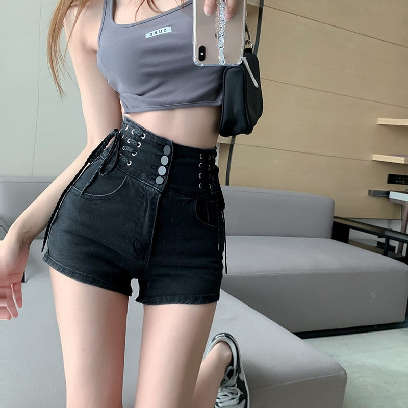jinran Sexy Denim Shorts New Women's Slim Fit Pants 2021 Summer Back Hollow Out Quality High Waist Tight Female Elastic Short Jeans