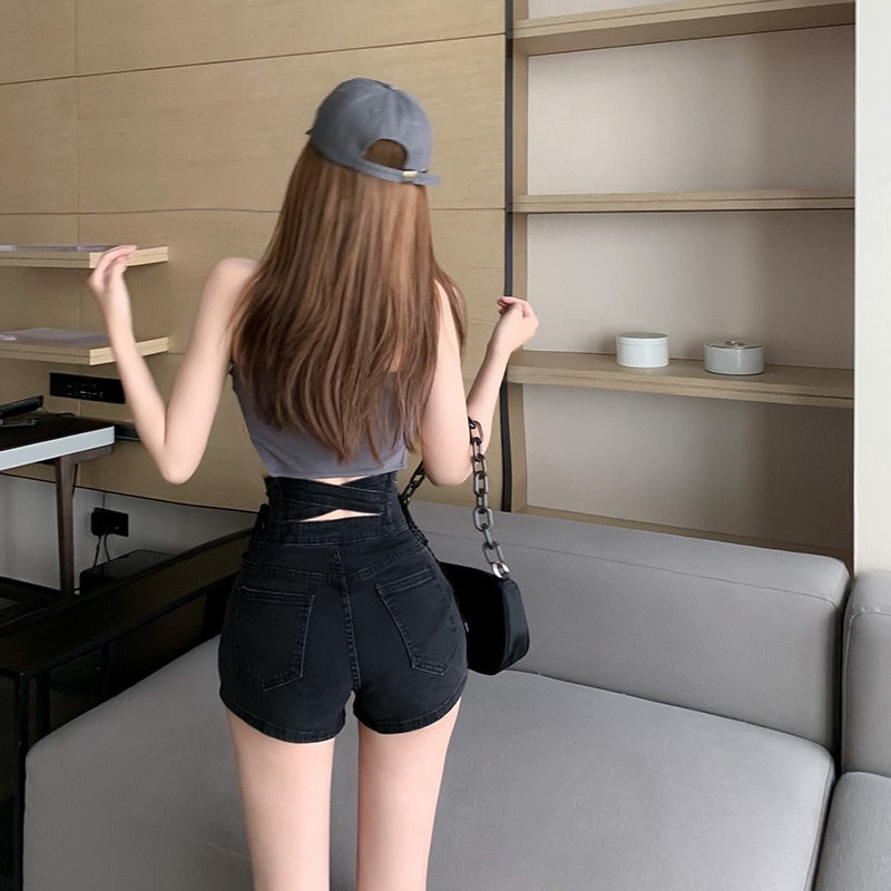 jinran Sexy Denim Shorts New Women's Slim Fit Pants 2021 Summer Back Hollow Out Quality High Waist Tight Female Elastic Short Jeans
