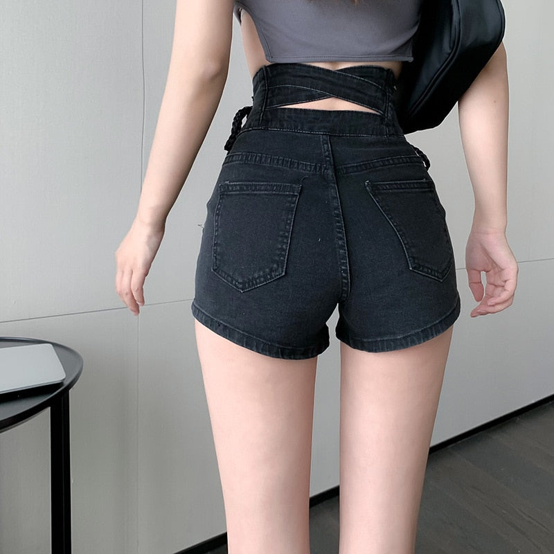 jinran Sexy Denim Shorts New Women's Slim Fit Pants 2021 Summer Back Hollow Out Quality High Waist Tight Female Elastic Short Jeans