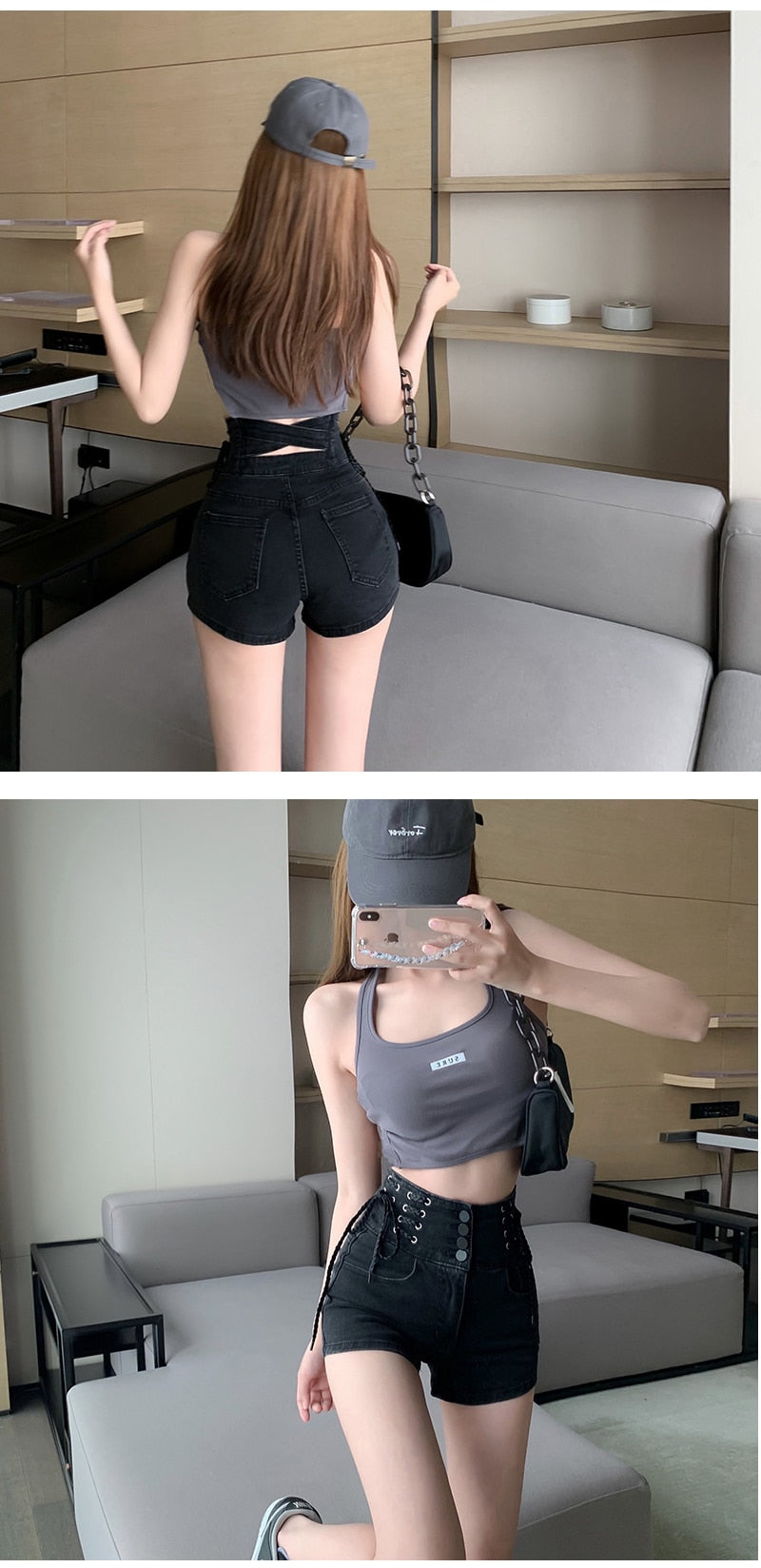 jinran Sexy Denim Shorts New Women's Slim Fit Pants 2021 Summer Back Hollow Out Quality High Waist Tight Female Elastic Short Jeans