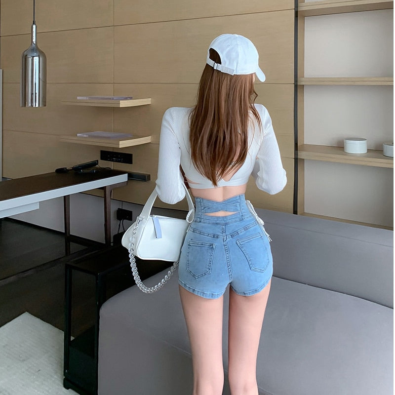 jinran Sexy Denim Shorts New Women's Slim Fit Pants 2021 Summer Back Hollow Out Quality High Waist Tight Female Elastic Short Jeans