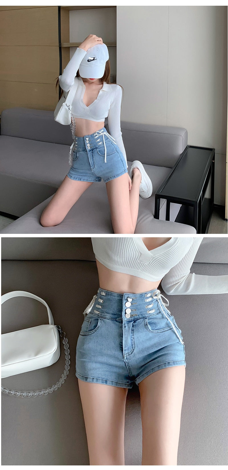 jinran Sexy Denim Shorts New Women's Slim Fit Pants 2021 Summer Back Hollow Out Quality High Waist Tight Female Elastic Short Jeans