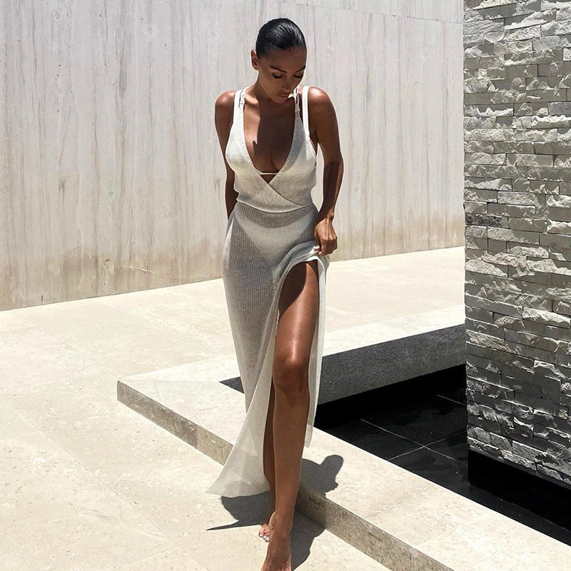 jinran Sexy Crochet Beach Maxi Summer Dress Women See Through Solid Backless Bandage Sleeveless Lacing Split Long Dresses Women's Dress
