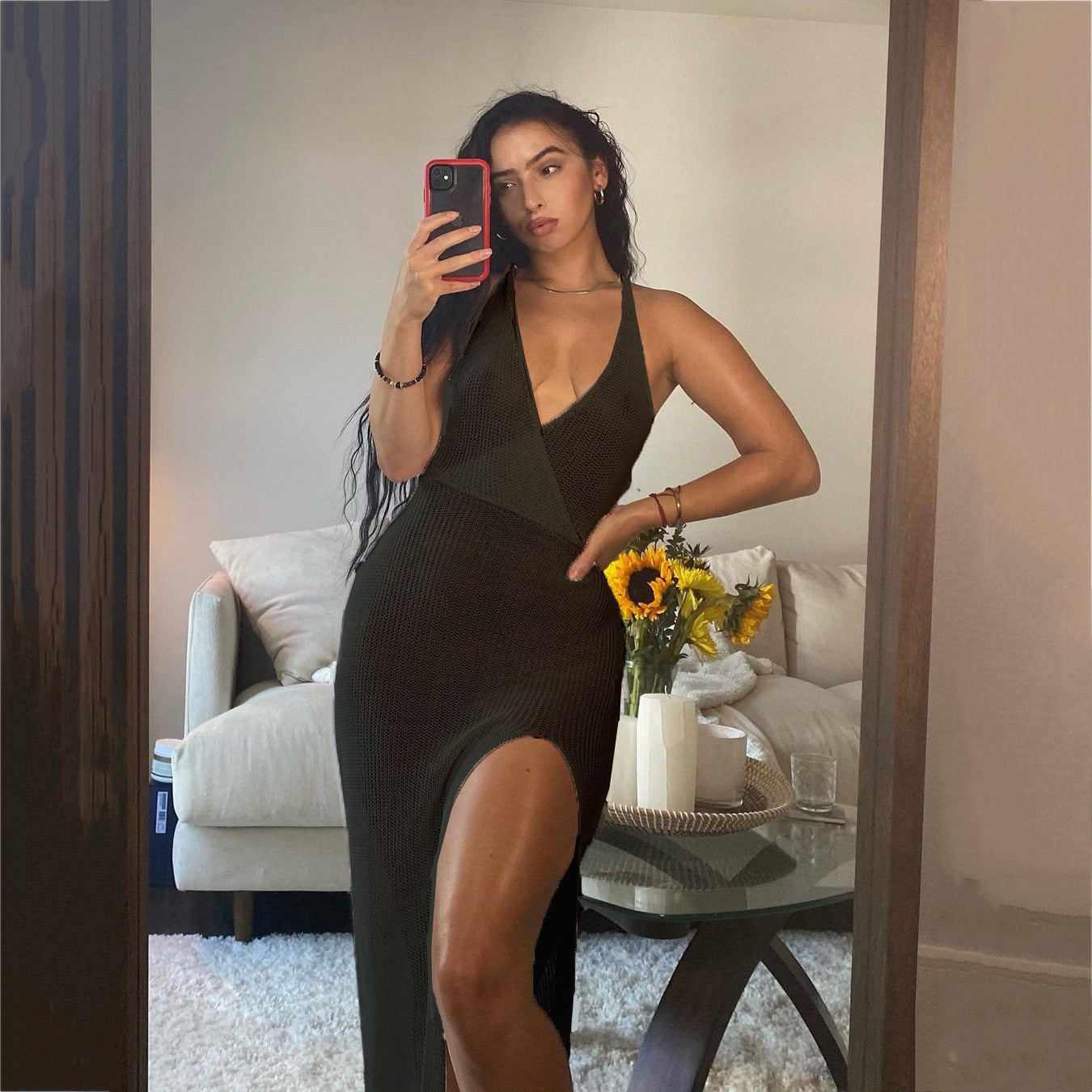 jinran Sexy Crochet Beach Maxi Summer Dress Women See Through Solid Backless Bandage Sleeveless Lacing Split Long Dresses Women's Dress